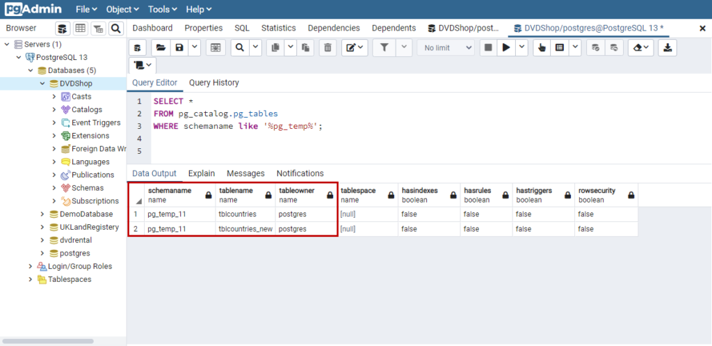 query that provides the list of temporary tables created in the database.