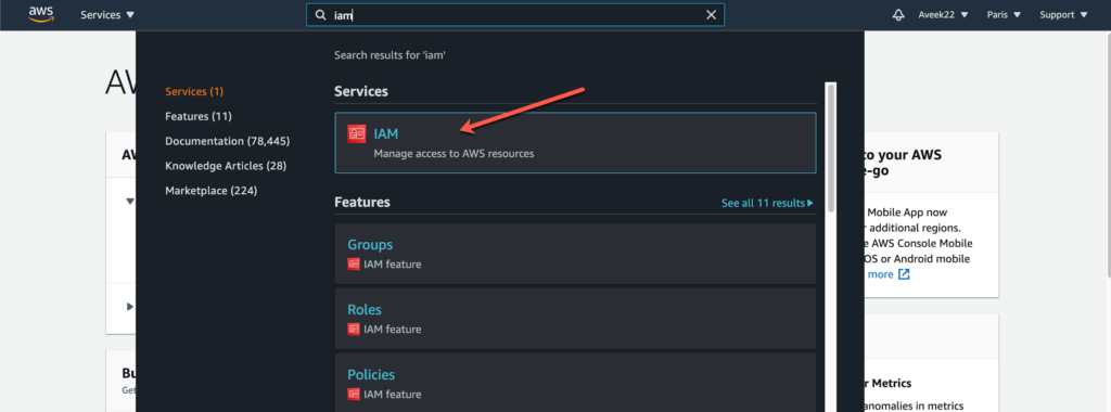 Selecting IAM Services from the AWS Console