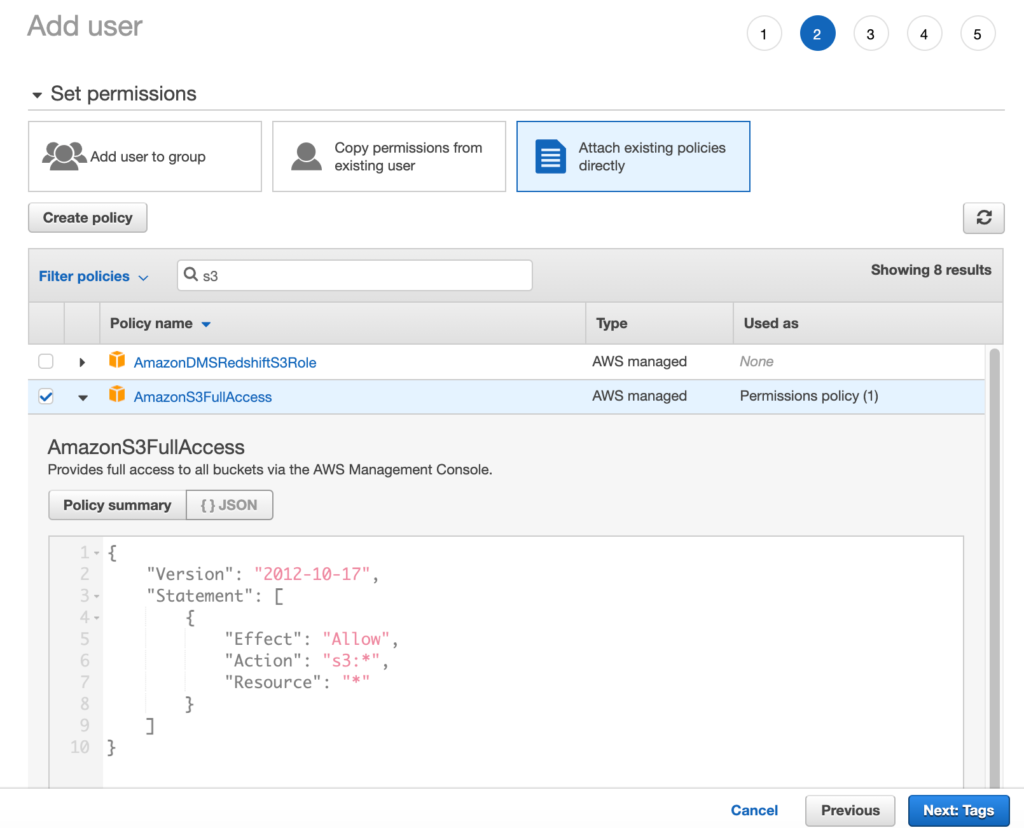 Attaching policies to a new user in IAM