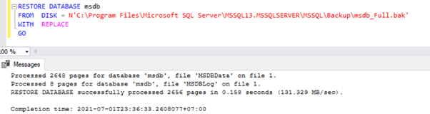 restoring the msdb database using RESTORE DATABASE command