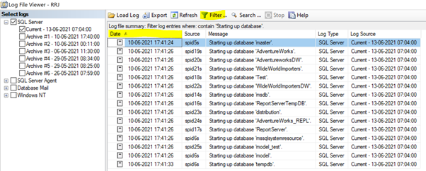 Starting up database filter