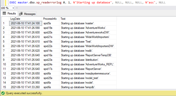 executing the xp_readerrorlog system procedure