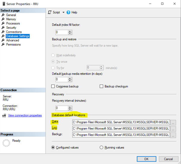 Database default locations