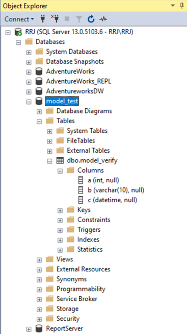 model_verify table is created in the model_test database