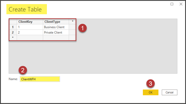 Similarly, enter data for another table called ClientWFH