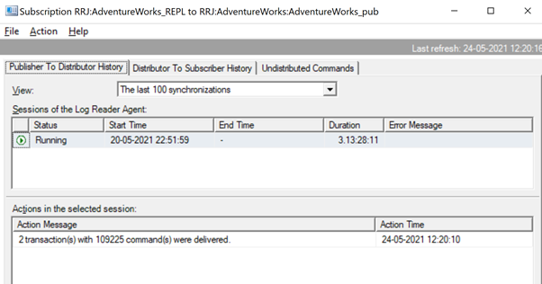 2 transactions with 109225 commands were delivered by the Log Reader agent