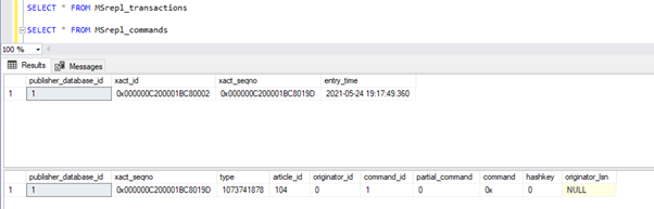 verify the records available in the MSrepl_transactions and MSrepl_commands tables