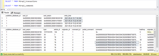 Query executed successfully on the Distribution tables MSrepl_transactions and MSrepl_commands