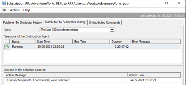 1 transaction(s) with 1 command(s) was delivered via Replication