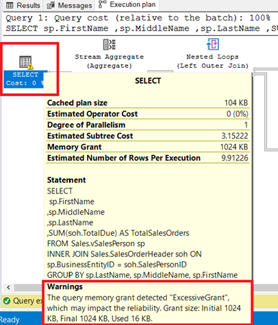 Execution plan operator warnings