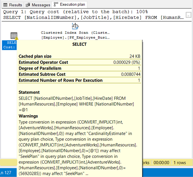 A warning appears in the SELECT operator because of implicit conversion