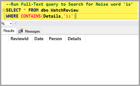 The output of the Full-Text query to search for the word "is" which is another noise word