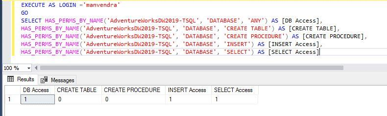 the login ‘manvendra’ has permission to INSERT and SELECT operations on this database ‘AdventureWorks2019-TSQL’