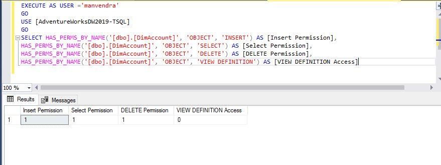 ‘manvendra’ has access to INSERT, SELECT and DELETE permissions but this account doesn’t have permission to VIEW DEFINITION of this object