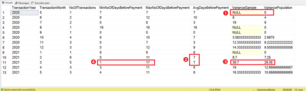 Result set of a query to calculate the variance