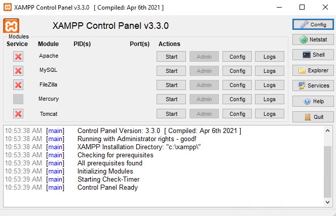 XAMPP control panel