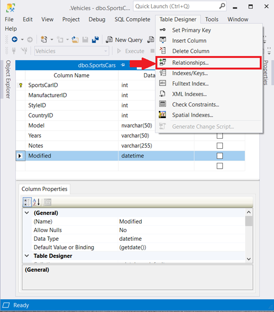 Accessing the Foreign Key Relationships from the main menu.