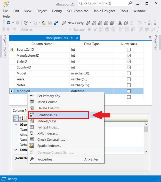 Accessing the Foreign Key Relationships from the context menu inside the table designer.