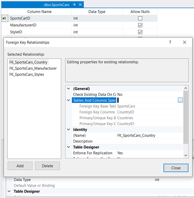 The Foreign Key Relationships window for adding, editing, and deleting foreign key relationships in a table.