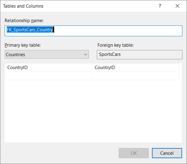 Tables and Columns window for defining the primary and foreign key tables and columns.