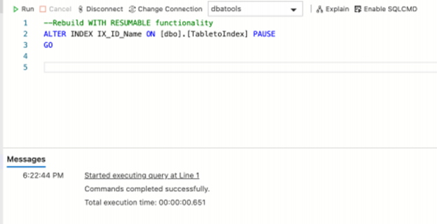 T-SQL command to PAUSE the ongoing rebuild activity