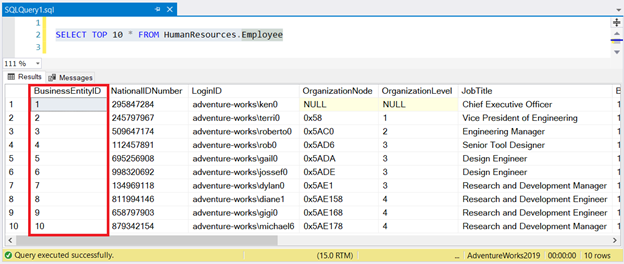 Employee table sorted by the primary key BusinessEntityID. The primary key is also the clustered index