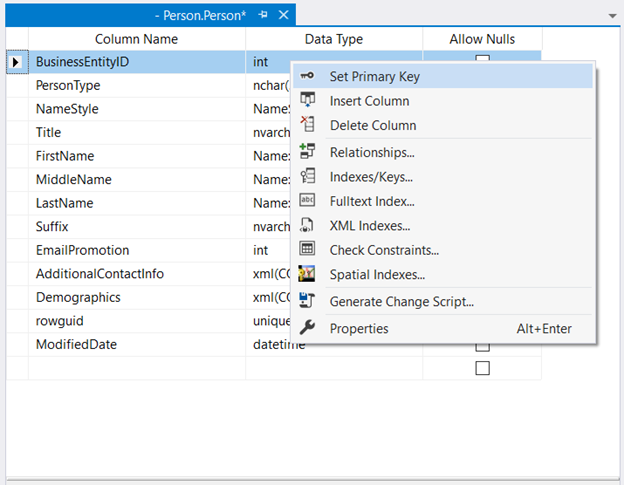 Creating a primary key/clustered index using SSMS