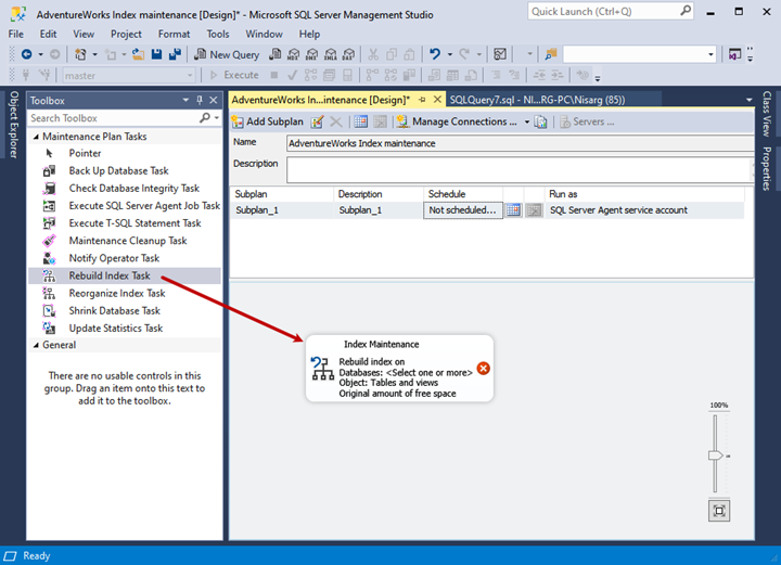 Specify the name of the maintenance plan. Then, drag and drop Rebuild Index Task into the maintenance plan designer. Rename the task to Index Maintenance.