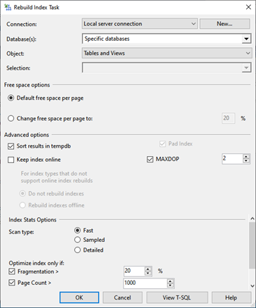 The next step is configuring the maintenance plan. Double-click on it and configure the options on the Rebuild Index Task