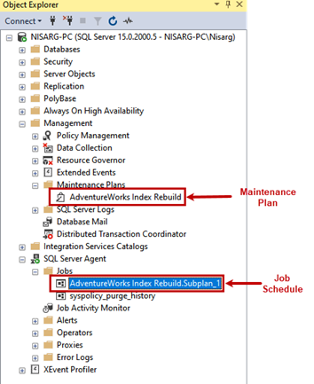 The created maintenance plans are available in the SSMS Maintenance Plan directory. To view the schedule associated with the particular maintenance plan, check the Jobs directory under SQL Server Agent