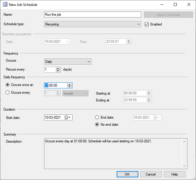 Our job should be executed at 1:00 AM. Accordingly, we configure the schedule