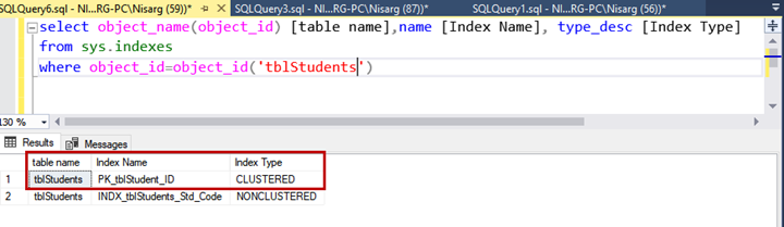 The output of the query to verify that the index has been renamed