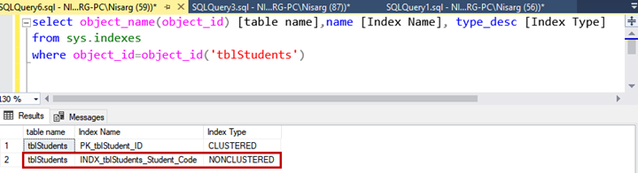 The output of the query to verify the index renaming