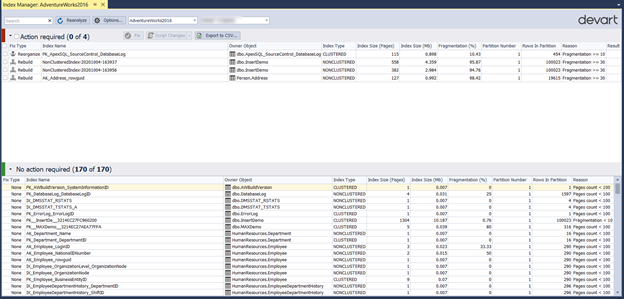 The Index Manager tool also recommends the actions to fix the index fragmentation issues, based on the fragmentation percentage