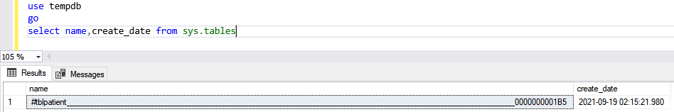 query on the TempDB database that allows to view the table.