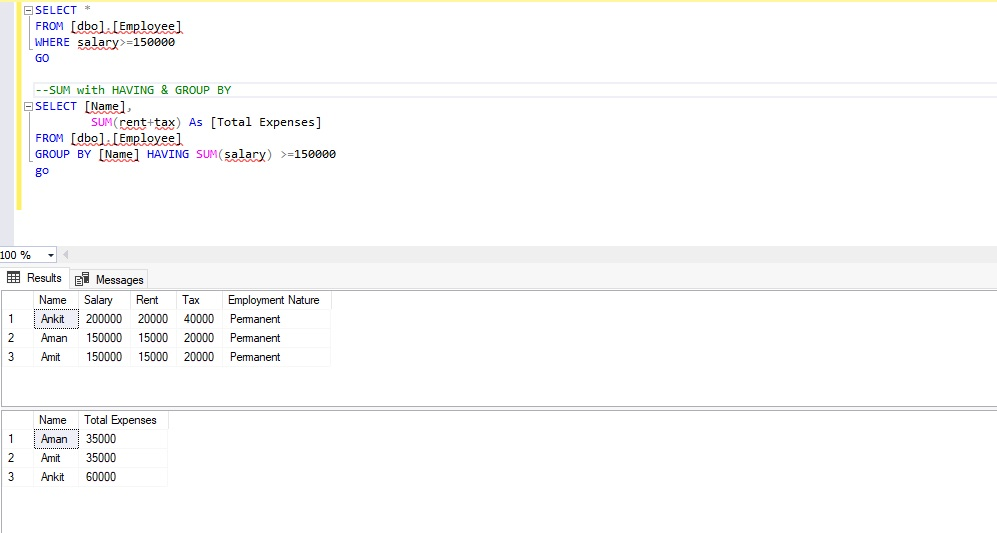 Output of SQL SUM Function with HAVING Statement