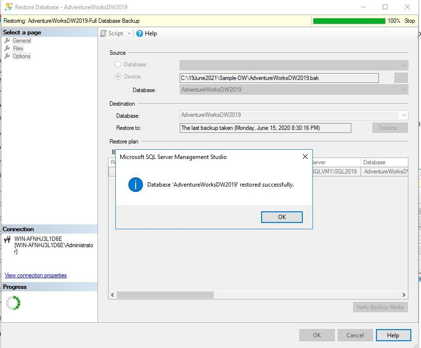 AdventureWorksDW2019 has been restored successfully