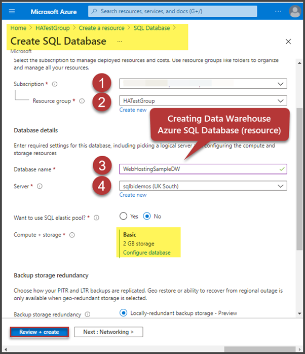 Creating Data Warehouse in Azuew SQL Database (resource)