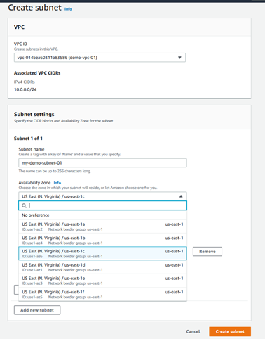 specify the Availability Zone the subnet will reside in