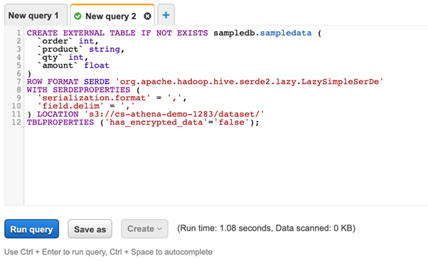 Create table script generated for Amazon Athena