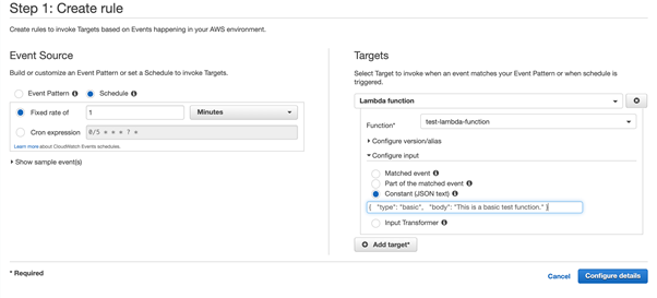 Creating the schedule in CloudWatch to trigger Lambda