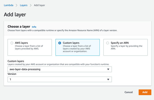 Choosing the layer in AWS Lambda