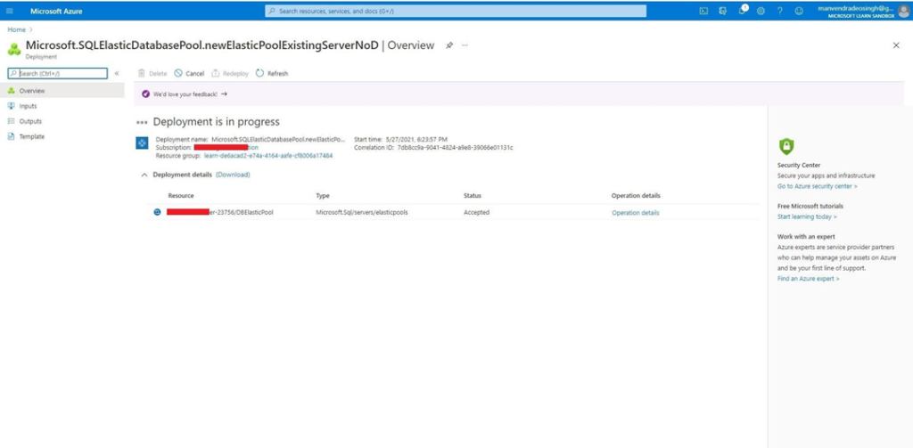 Deployment progress window in Azure