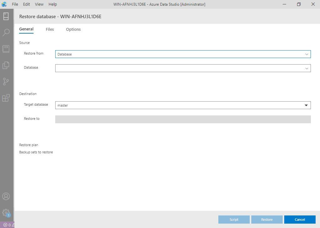 Restore Database window screen