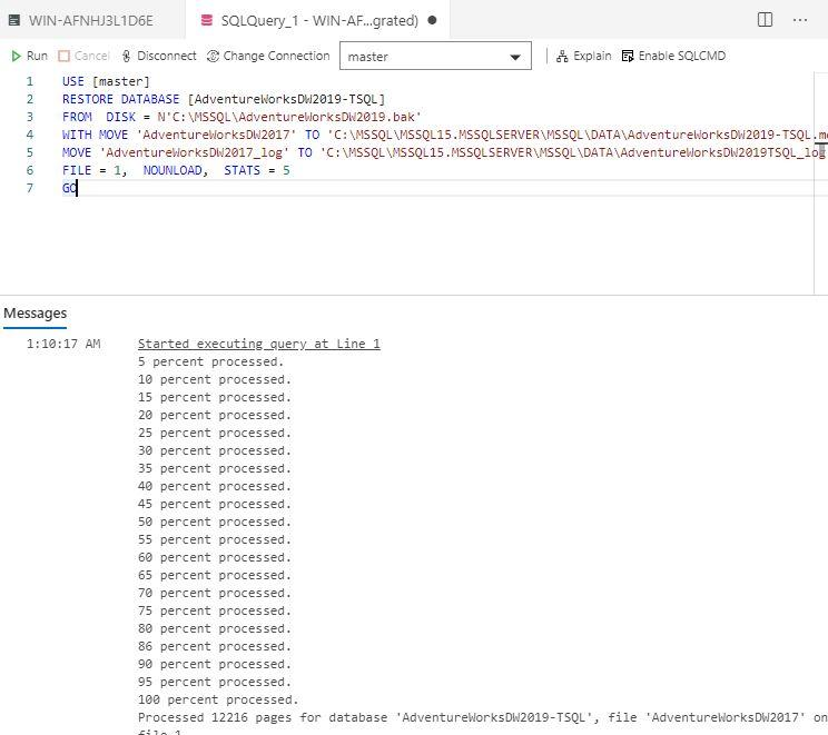 sample database has been successfully restored using T-SQL in Azure Data Studio