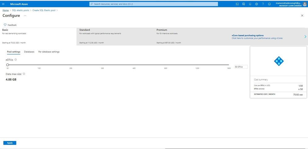 Create SQL elastic pool window