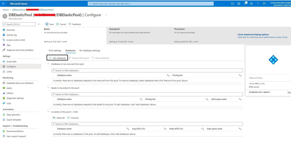 Add Azure SQL Databases to Elastic Pool