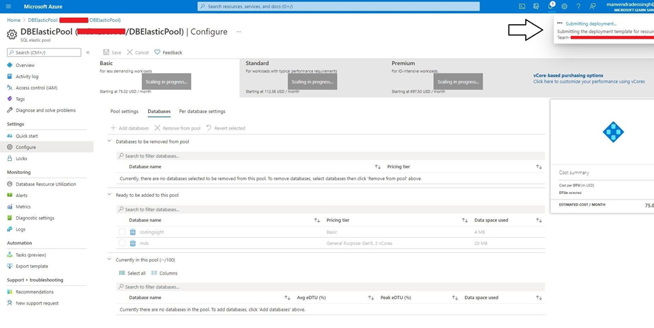 process of the database addition to Elastic Pool