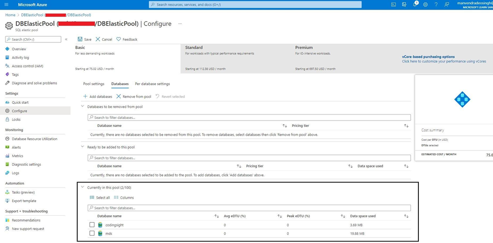 databases are in the necessary elasic pool