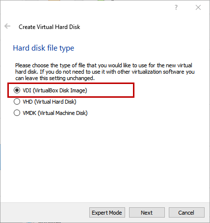 Create Virtual Hard Disk - VDI (Virtual Disk Image)